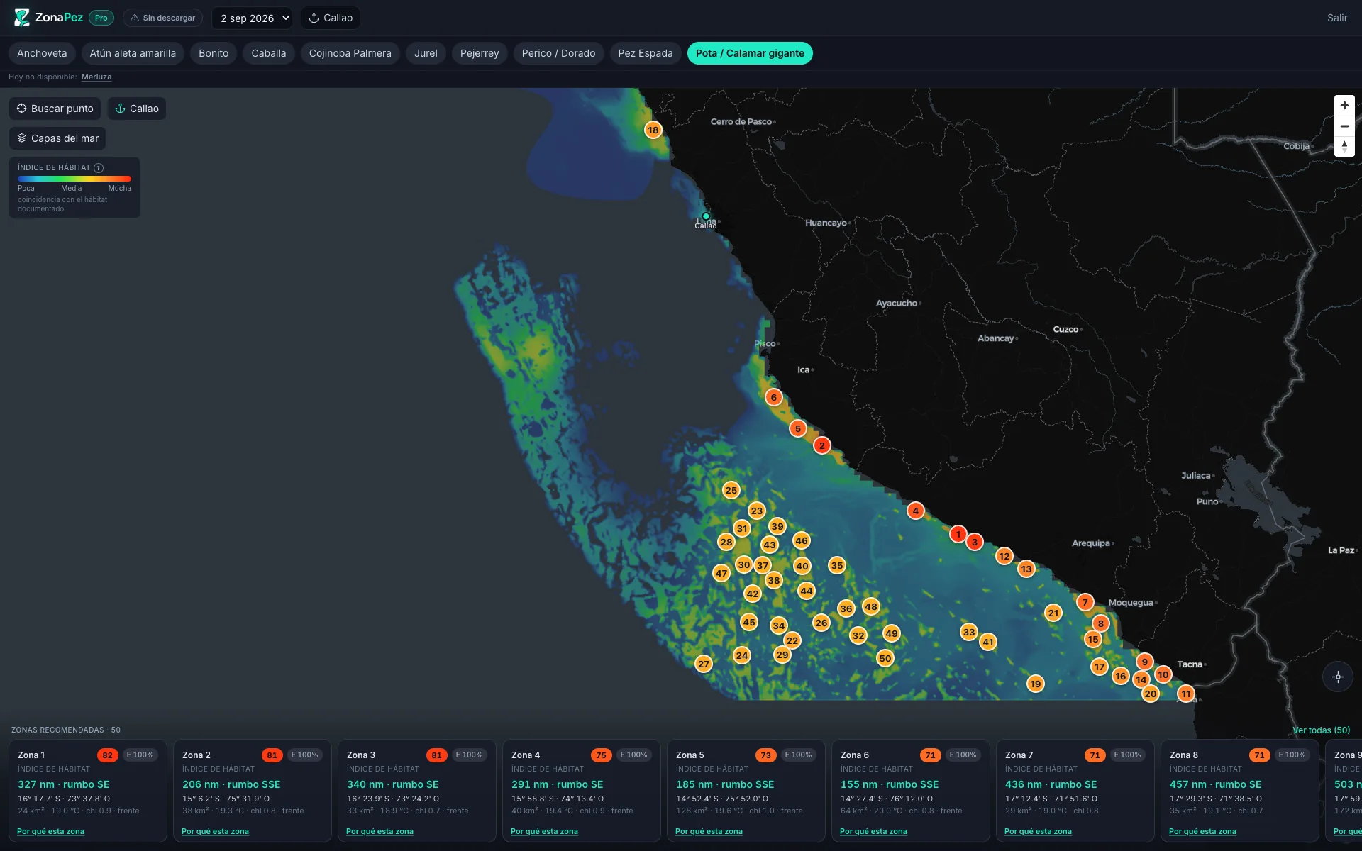 Mapa real de ZonaPez: heatmap del índice de hábitat de la pota frente a la costa sur del Perú, del Callao a Tacna, con 50 zonas recomendadas numeradas y su puntaje