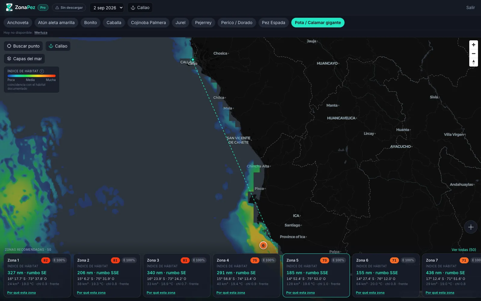 Mapa real de ZonaPez con la línea de rumbo trazada desde el puerto del Callao hacia una zona recomendada a 185 millas náuticas rumbo SSE, pasando frente a Cañete, Chincha y Pisco